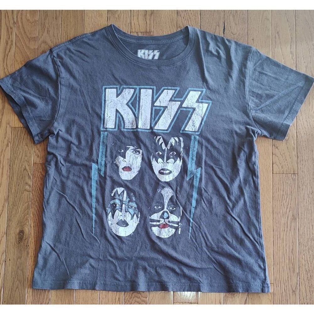 KISS Short sleeve grey women's band T-shirt size L Retro Spellout 4 faces
